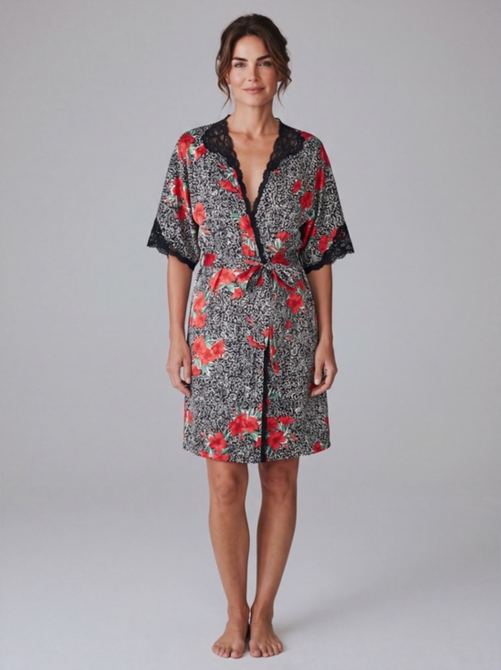 4/$20 Vintage Barbizon Floral Lace Trim Robe Kimono Red Black Boho Lounge Wrap S